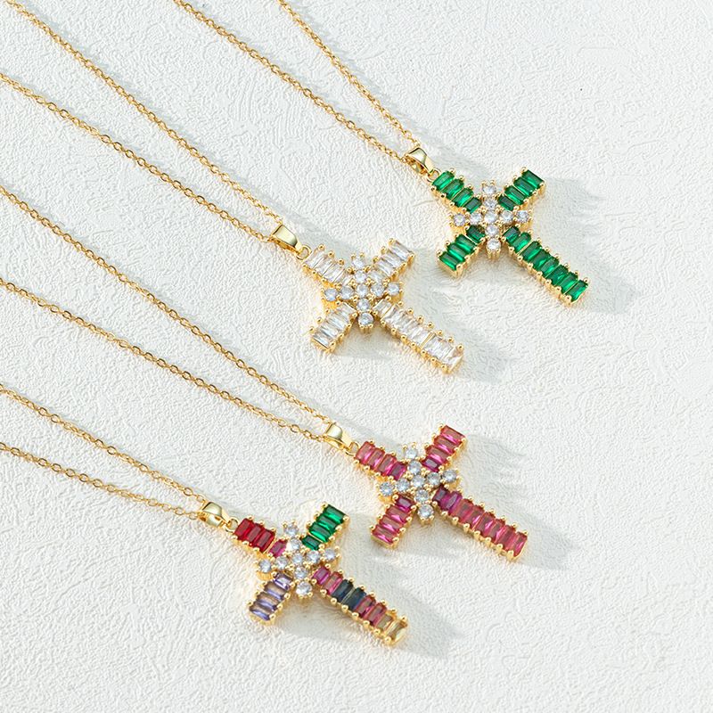 This is a cross-border bestseller from Europe and America, featuring a colorful zircon cross pendant necklace and a women's sweater chain. It exudes a niche and high-end vibe in an ins style details Picture