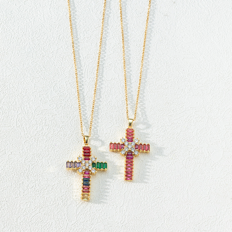 This is a cross-border bestseller from Europe and America, featuring a colorful zircon cross pendant necklace and a women's sweater chain. It exudes a niche and high-end vibe in an ins style detail image 3