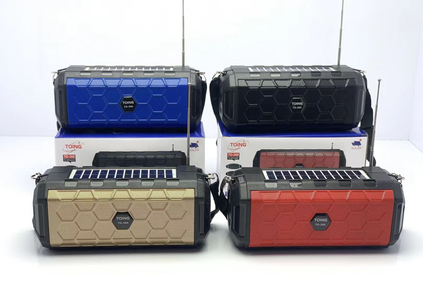 The Bluetooth speaker comes with dual solar panels, a flashlight, a radio strap, and a USB flash drive TF card detail image 9
