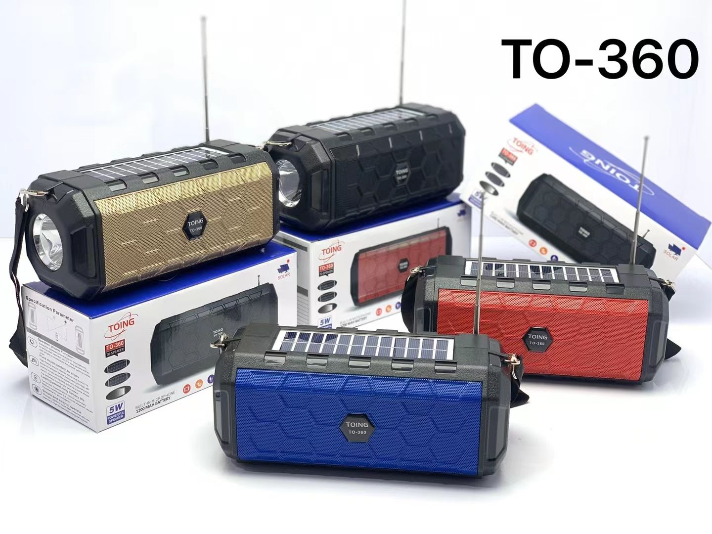 The Bluetooth speaker comes with dual solar panels, a flashlight, a radio strap, and a USB flash drive TF card detail image 6