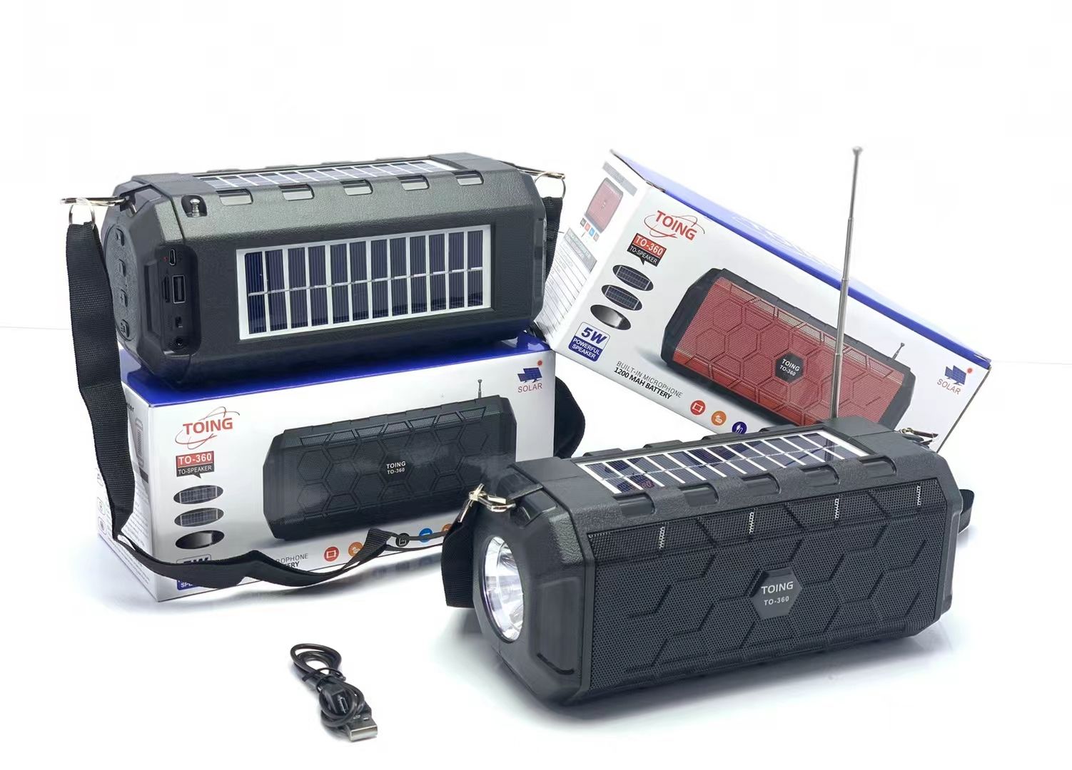 The Bluetooth speaker comes with dual solar panels, a flashlight, a radio strap, and a USB flash drive TF card detail image 2