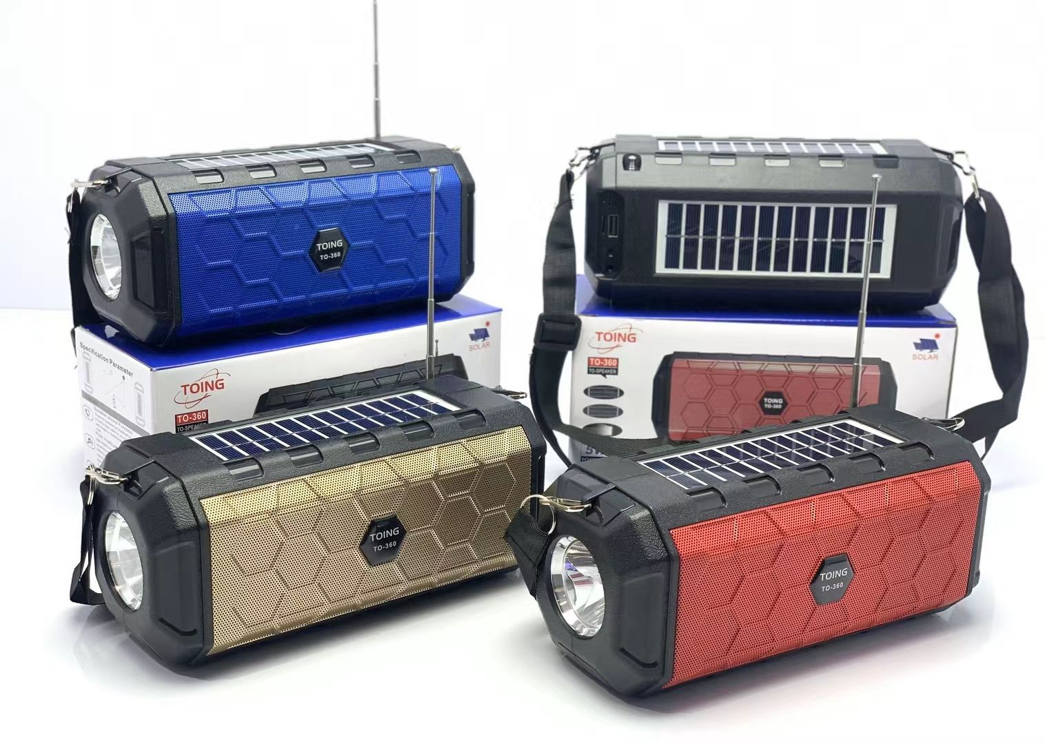 The Bluetooth speaker comes with dual solar panels, a flashlight, a radio strap, and a USB flash drive TF card detail image 8