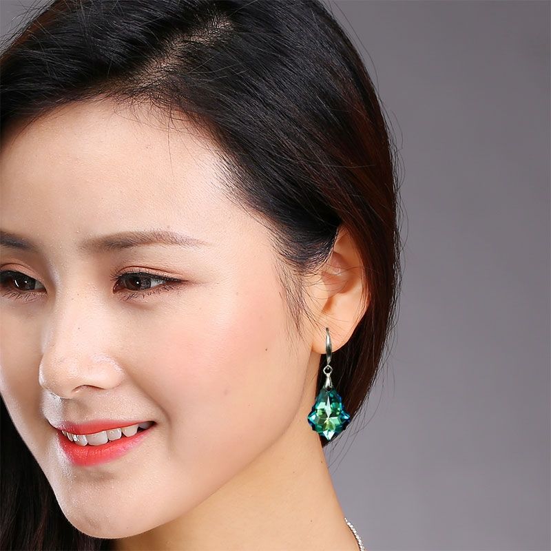 超闪女士玻璃水晶耳坠蓝色大号巴洛克叶简约时尚耳环详情图5