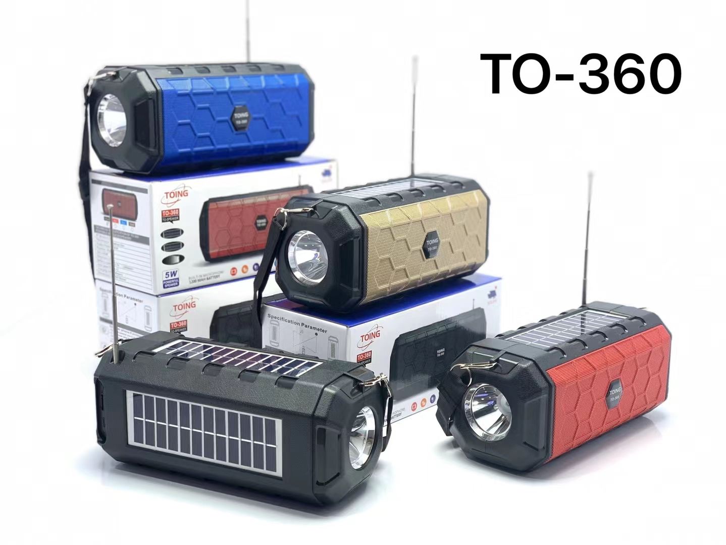 The Bluetooth speaker comes with dual solar panels, a flashlight, a radio strap, and a USB flash drive TF card details Picture