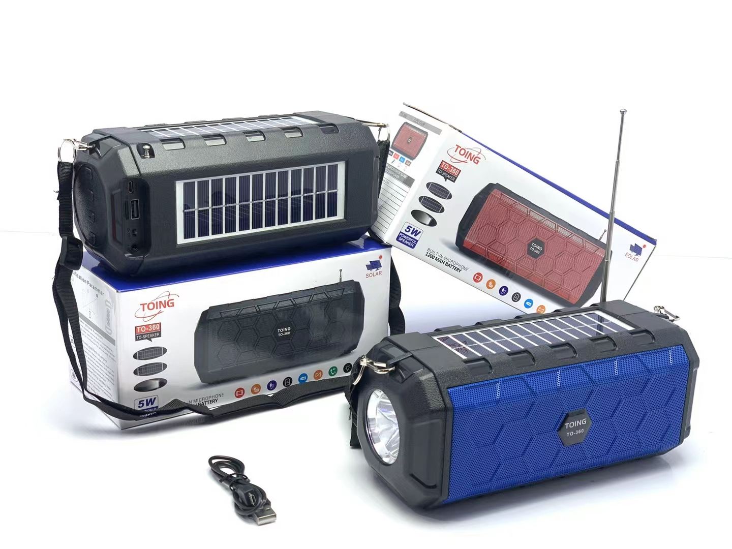 The Bluetooth speaker comes with dual solar panels, a flashlight, a radio strap, and a USB flash drive TF card Item Picture