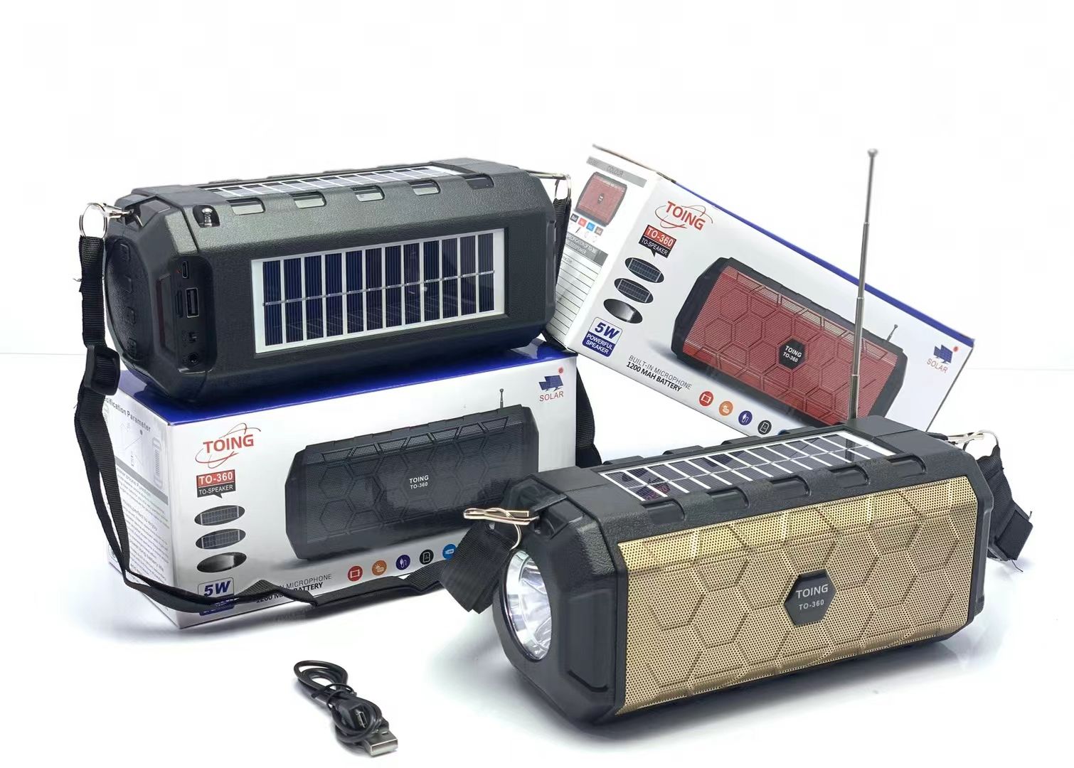 The Bluetooth speaker comes with dual solar panels, a flashlight, a radio strap, and a USB flash drive TF card detail image 5