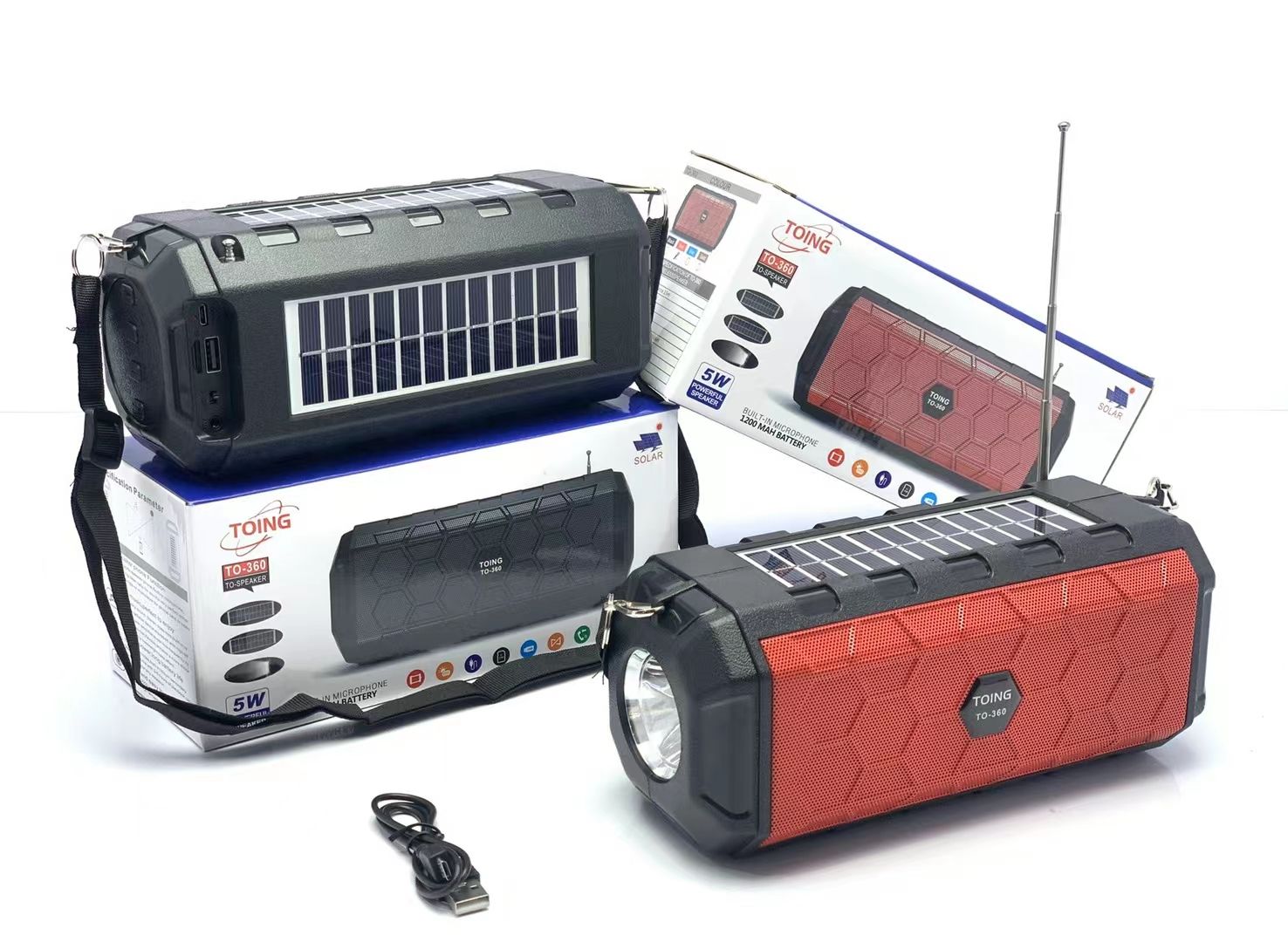 The Bluetooth speaker comes with dual solar panels, a flashlight, a radio strap, and a USB flash drive TF card detail image 3