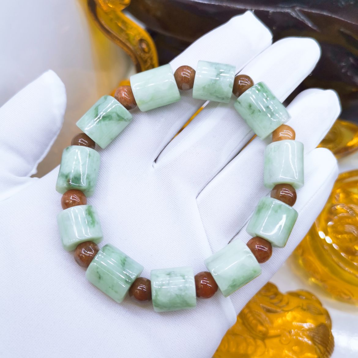 Natural jade bracelet for men with bucket beads and floating flowers