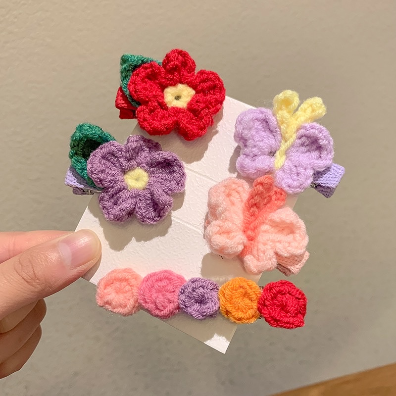  秋冬季针织花朵发夹毛线侧边夹简约鸭嘴夹少女心刘海发夹子头饰品创意饰品产品图