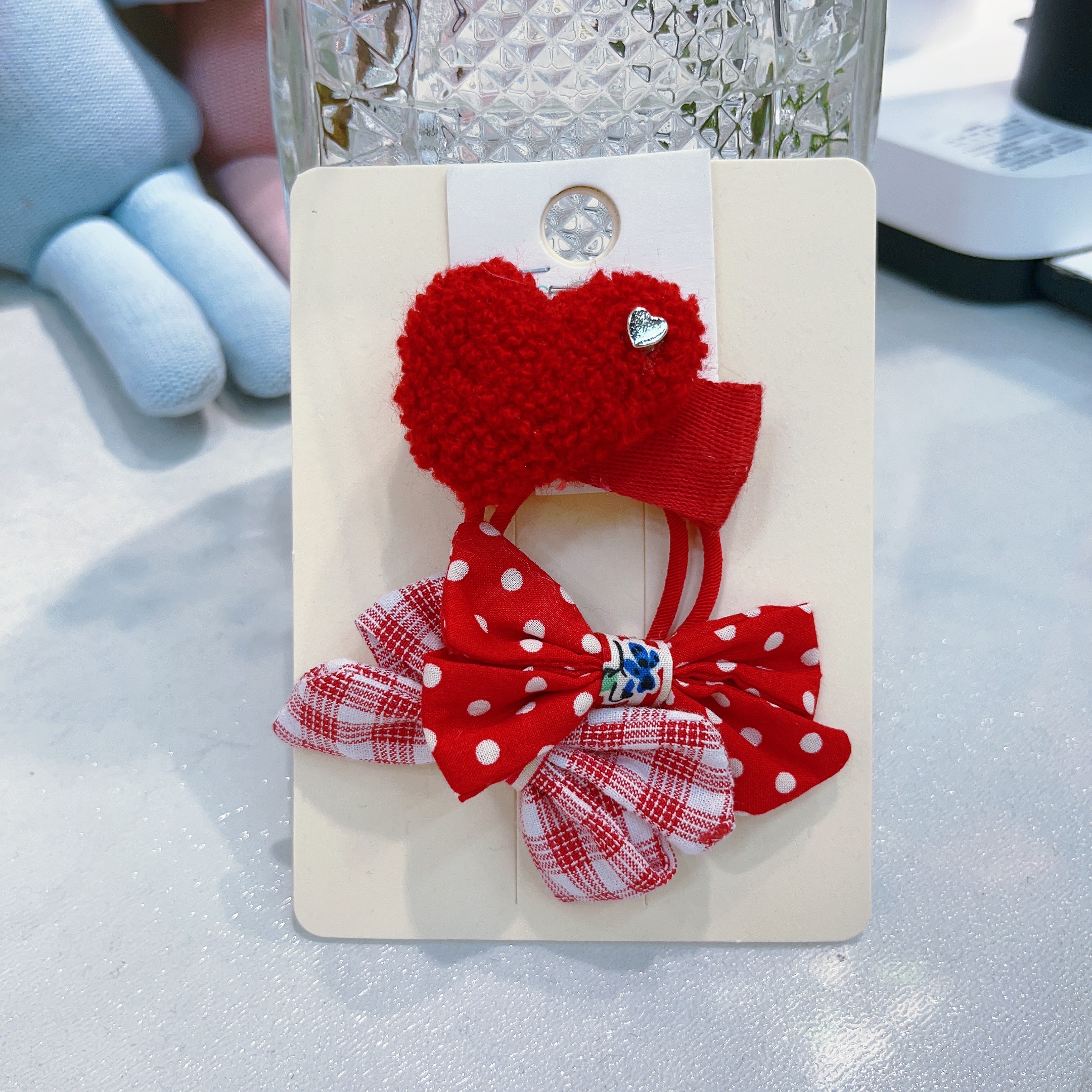Polka dot bow hair tie, heart combination