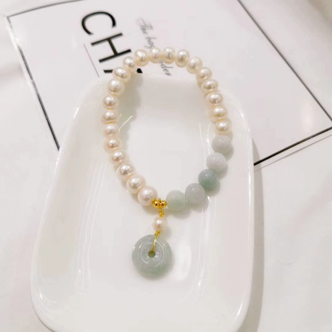 韩版新款天然珍珠手链百搭女性手工翡翠平安扣吊坠淡水珍珠手链 详情图3