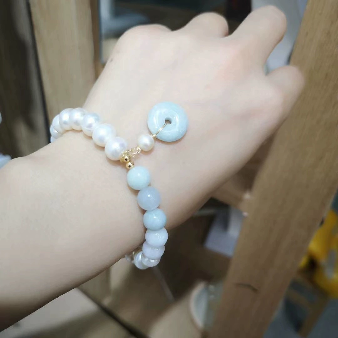 韩版新款天然珍珠手链百搭女性手工翡翠平安扣吊坠淡水珍珠手链 详情图4