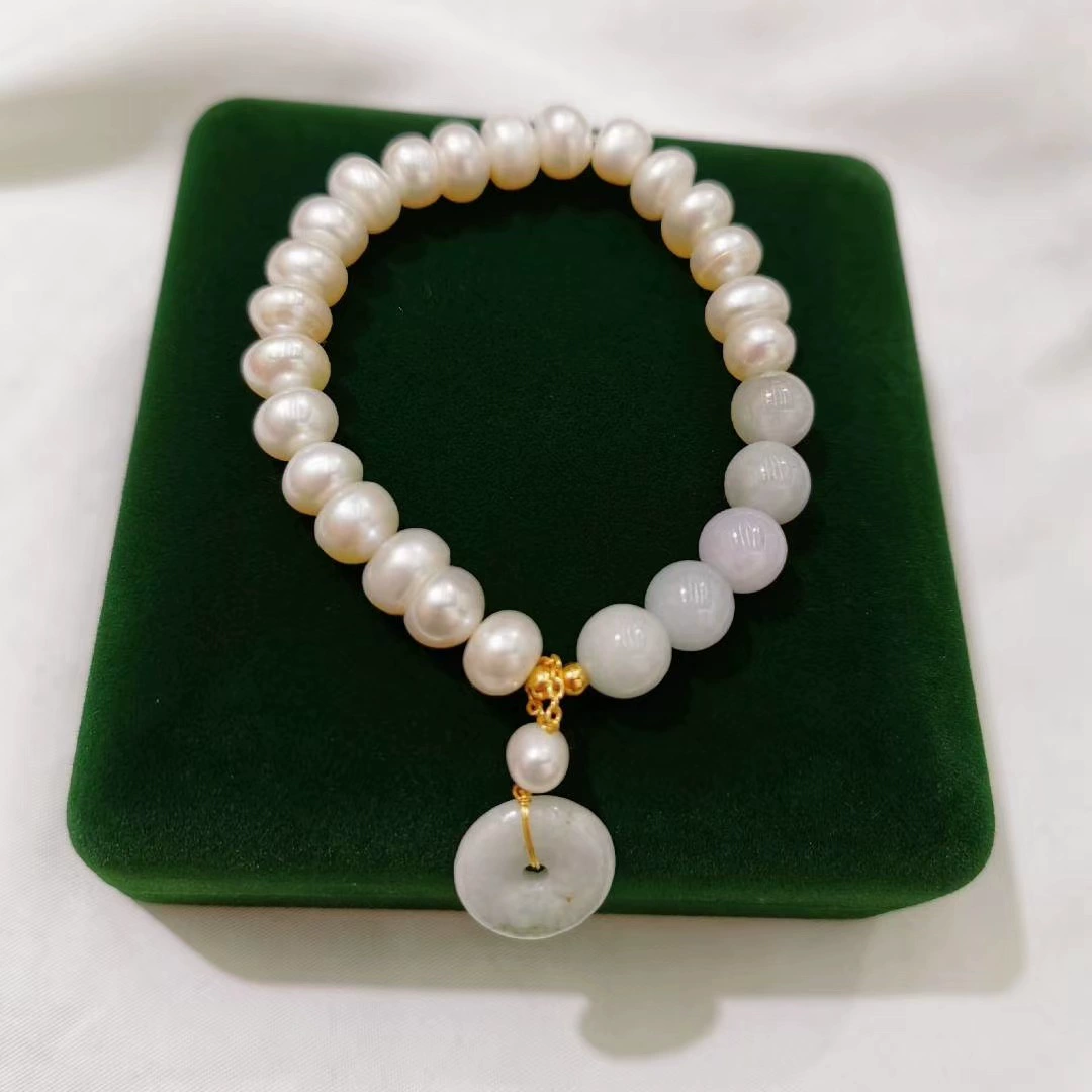 韩版新款天然珍珠手链百搭女性手工翡翠平安扣吊坠淡水珍珠手链 