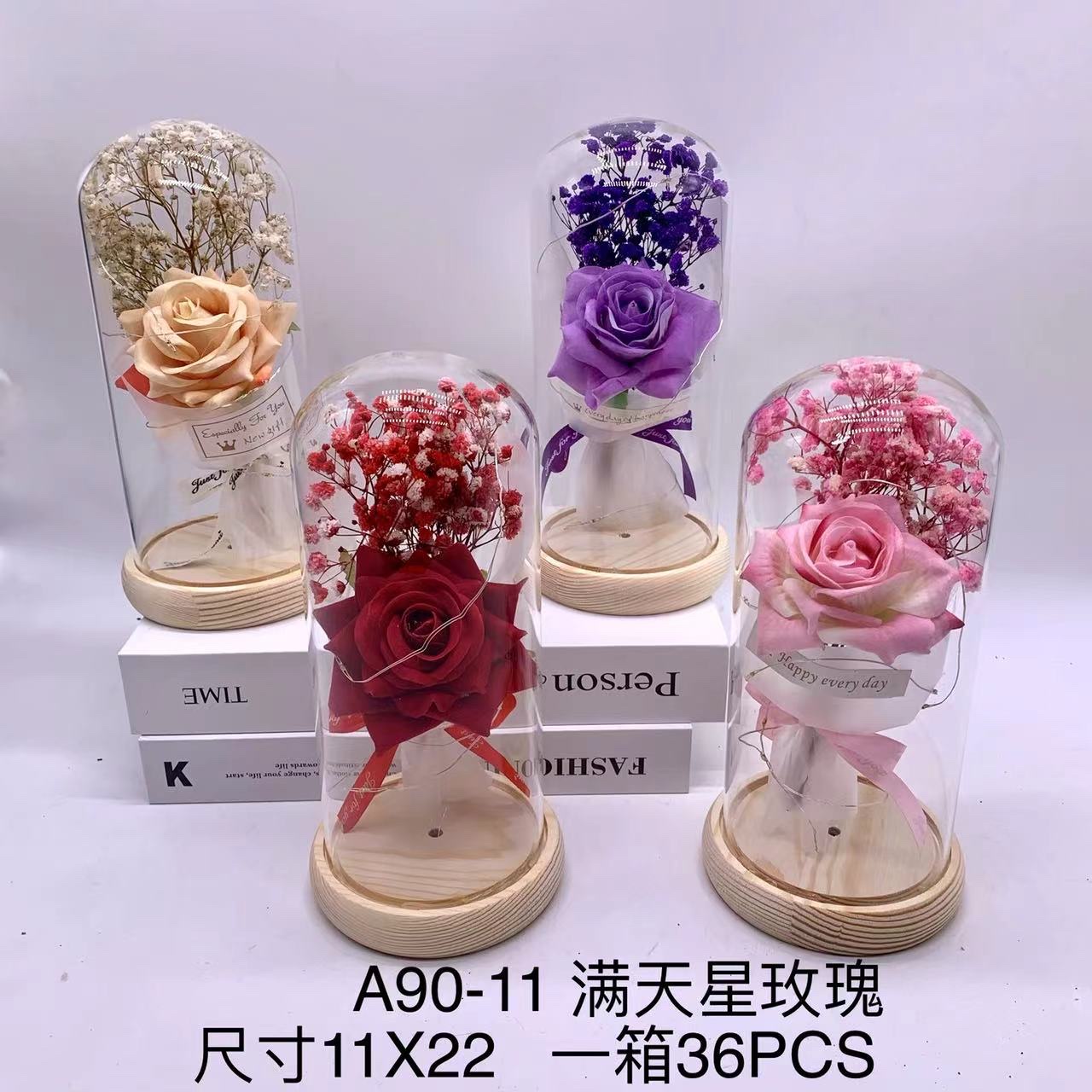 A90-11，玫瑰花满天星，玻璃罩工艺摆件创意家居设计，新颖工艺品
