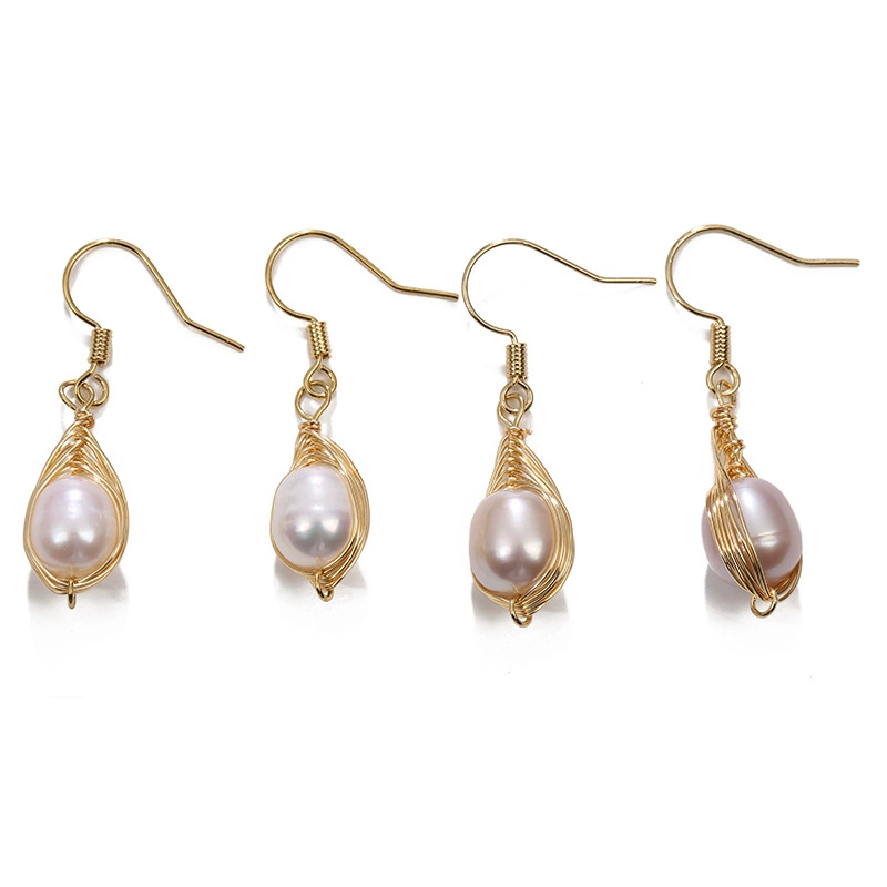 New Korean version natural freshwater pearl 14k gold earrings, handcrafted woven wound pearl earrings, ladies' earrings Item Picture