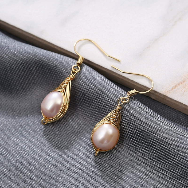 New Korean version natural freshwater pearl 14k gold earrings, handcrafted woven wound pearl earrings, ladies' earrings details Picture