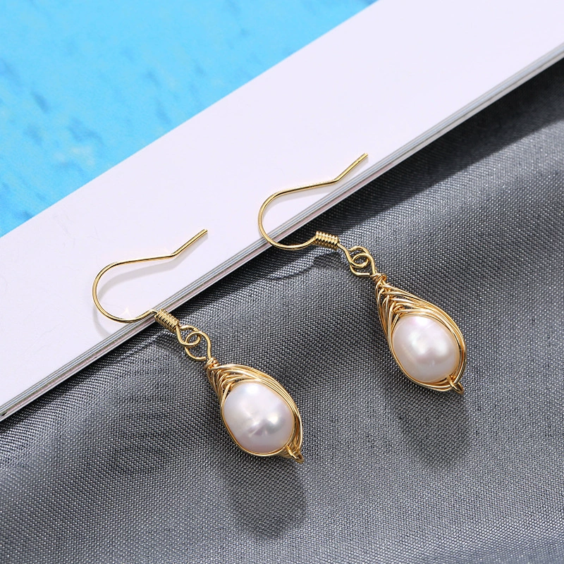 New Korean version natural freshwater pearl 14k gold earrings, handcrafted woven wound pearl earrings, ladies' earrings Specification image