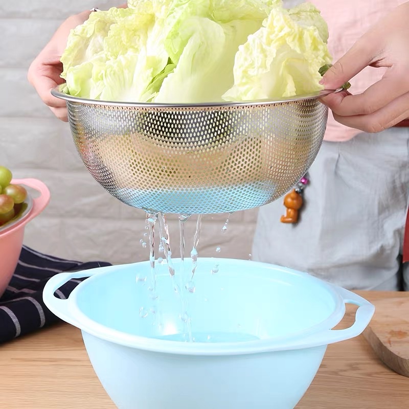 Stainless steel leaky basin household kitchen sink set, draining basket, fruit and vegetable basin, rice-washing and rice-washing sieve, water filter basin details Picture