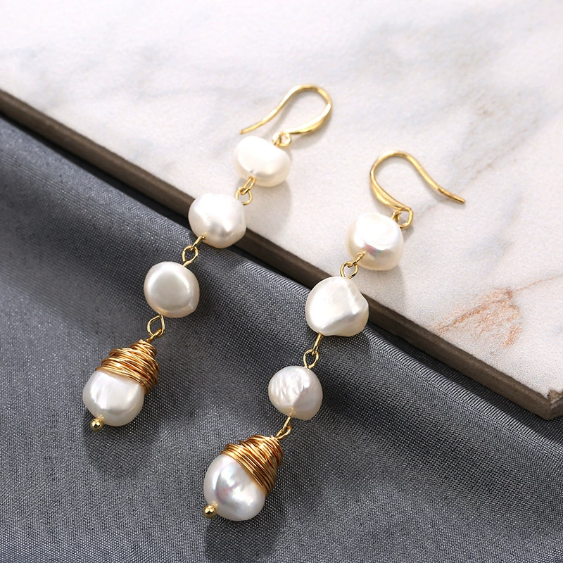 韩版新款长款天然珍珠时尚耳环简约气质百搭女性手工编织耳环耳饰
