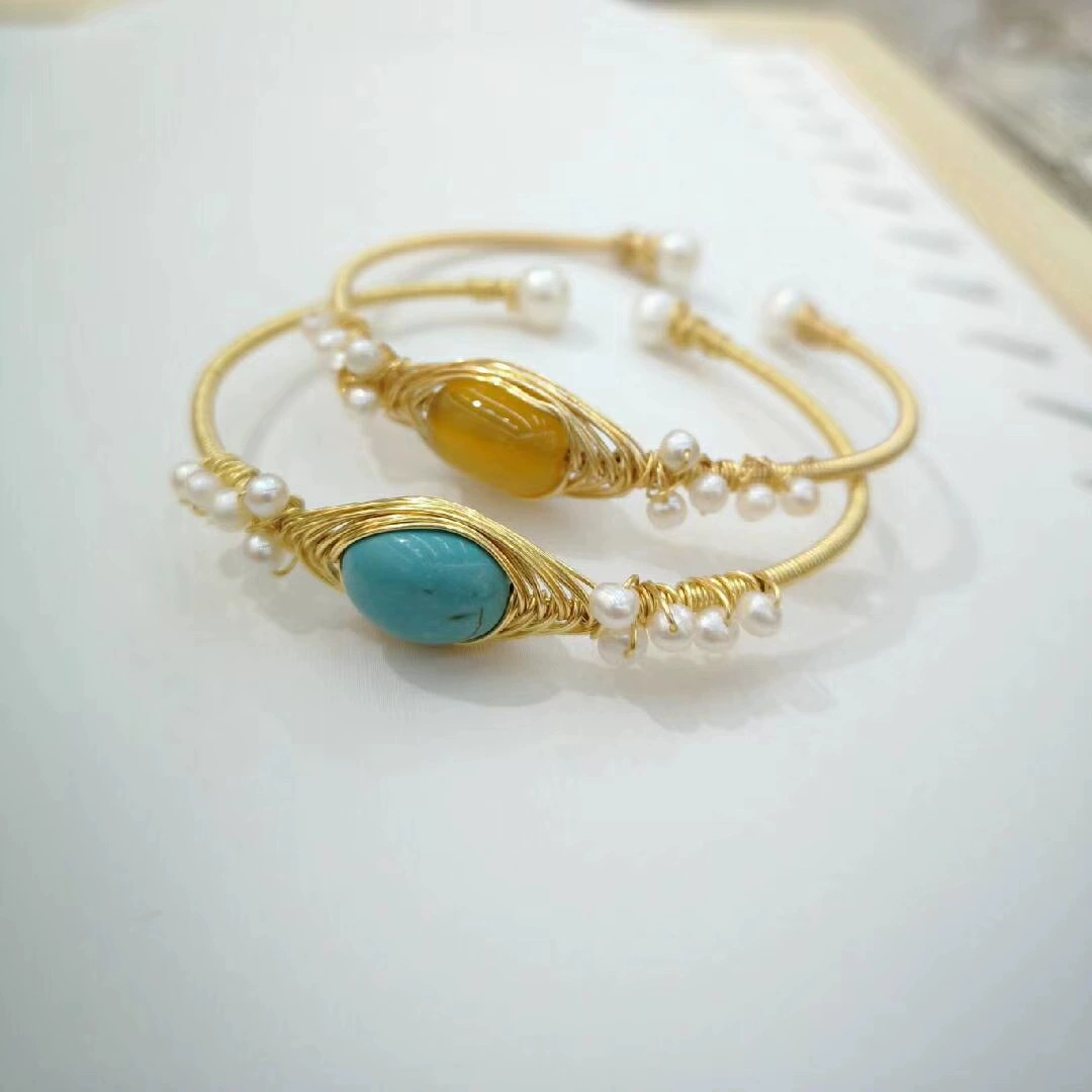 A new Korean version of freshwater pearl and yellow chalcedony bracelet, versatile for women, 14K hand-wound turquoise pearl bracelet