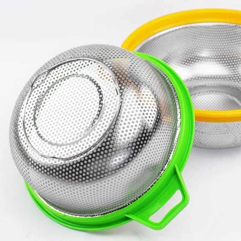 Stainless steel draining basket, vegetable washing basin, leaky basin, household rice-washing basin, rice washing sieve, vegetable washing basket, fruit basket, round, Korean style Specification image