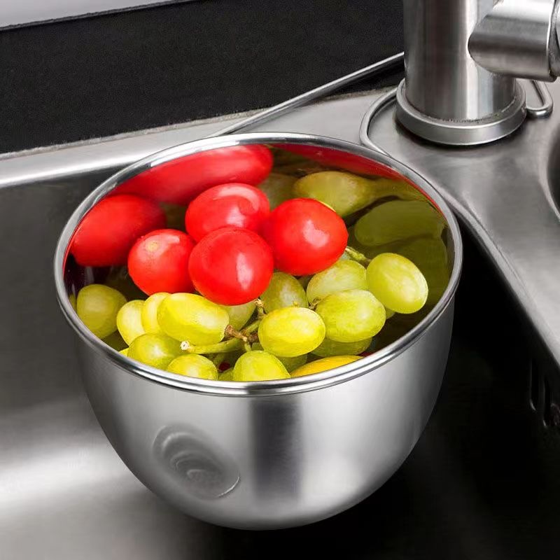 Thickened stainless steel basin set for household kitchen use, including egg-beating basin and washbasin, as well as a drain blue sink for washing vegetables Specification image