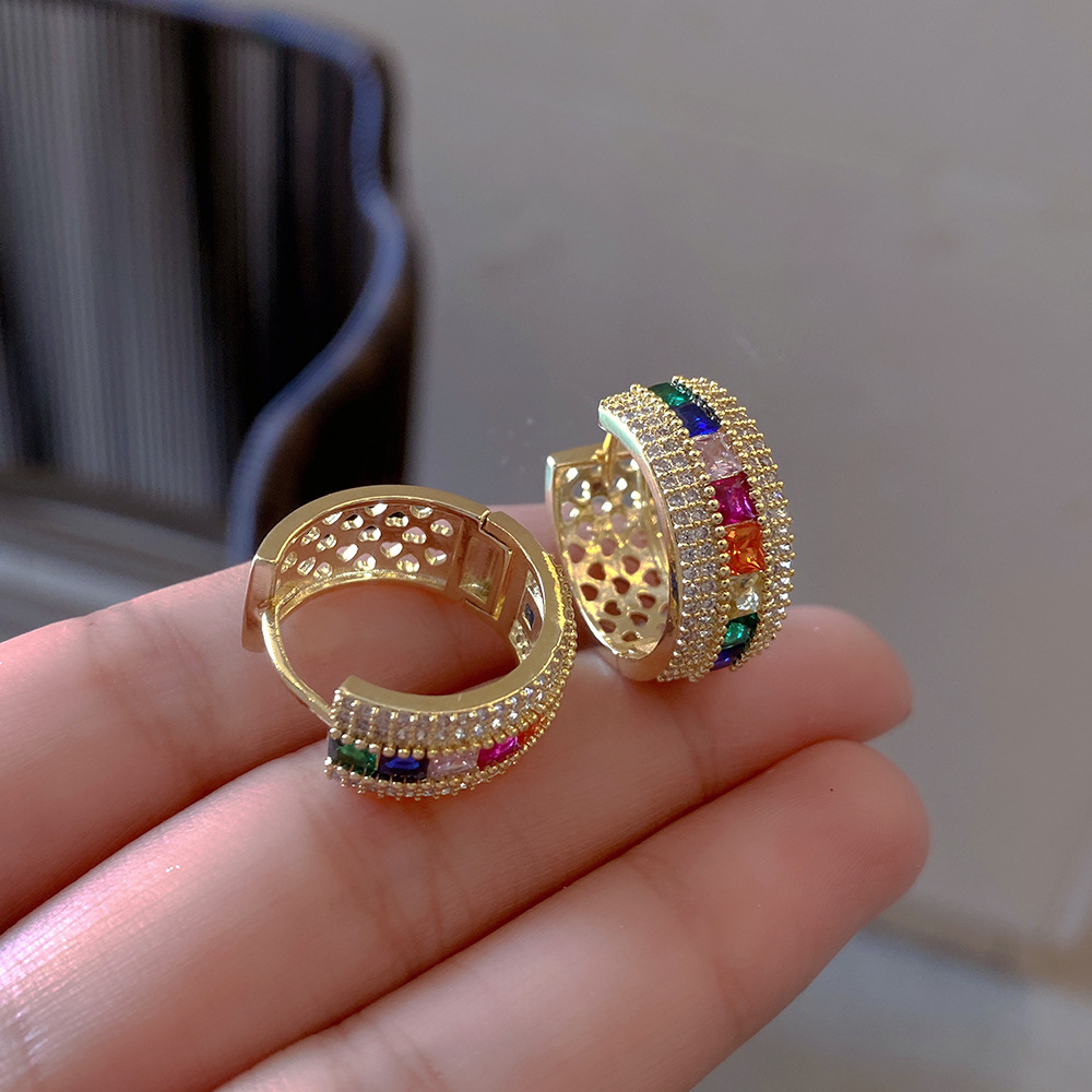 European and American foreign trade light luxury high-end color zircon ear buckle heavy industry earrings full of diamonds, individual trend