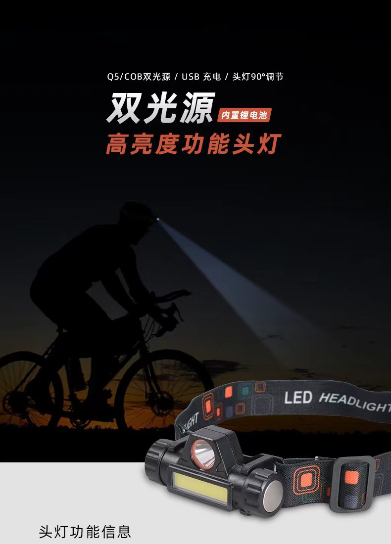跨境新款迷你强光头灯应急头灯双光源含磁铁101头灯头灯COB+XPE 详情图2