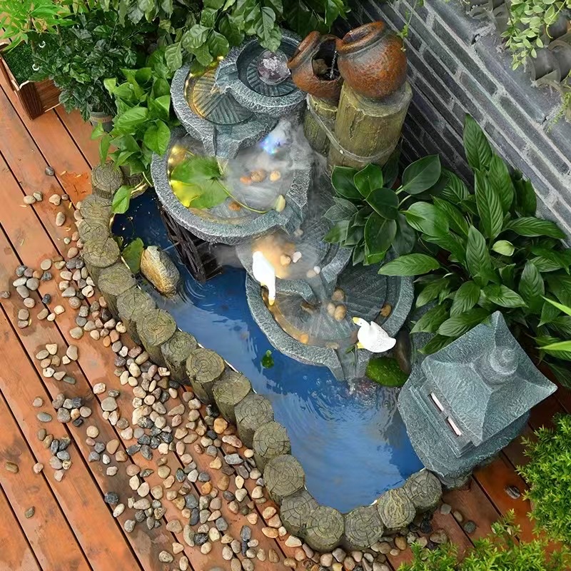 The water flow bonsai, water mist, artificial rockery, water wheel, water ball, stone mill, home decoration, tea room decoration and landscaping, with clouds and mist swirling around details Picture