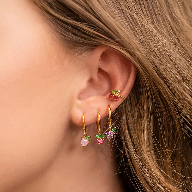 A popular cross-border jewelry item from Europe and America on Instagram, featuring colorful zirconium cherries, peaches, tropical fruits, and gold-plated ear bone clips for women