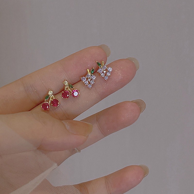 Cherry stud earrings for women Summer fruit series 2022 New trendy, cute and small strawberry and grape earrings detail image 2