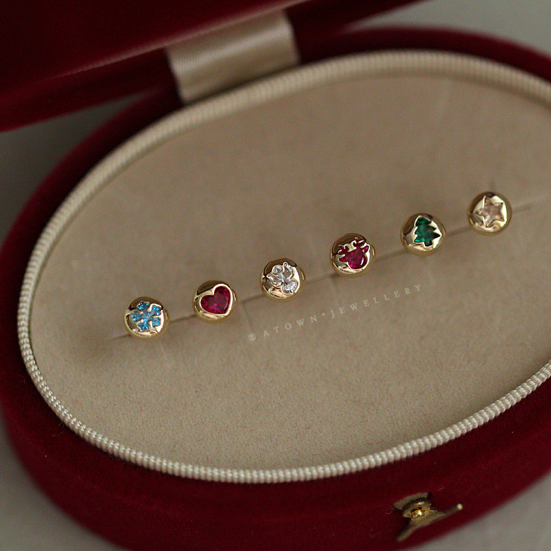 925 sterling silver plated with 14k gold stud earrings, Christmas series, colorful zircon bean earrings, snowflake deer star earrings