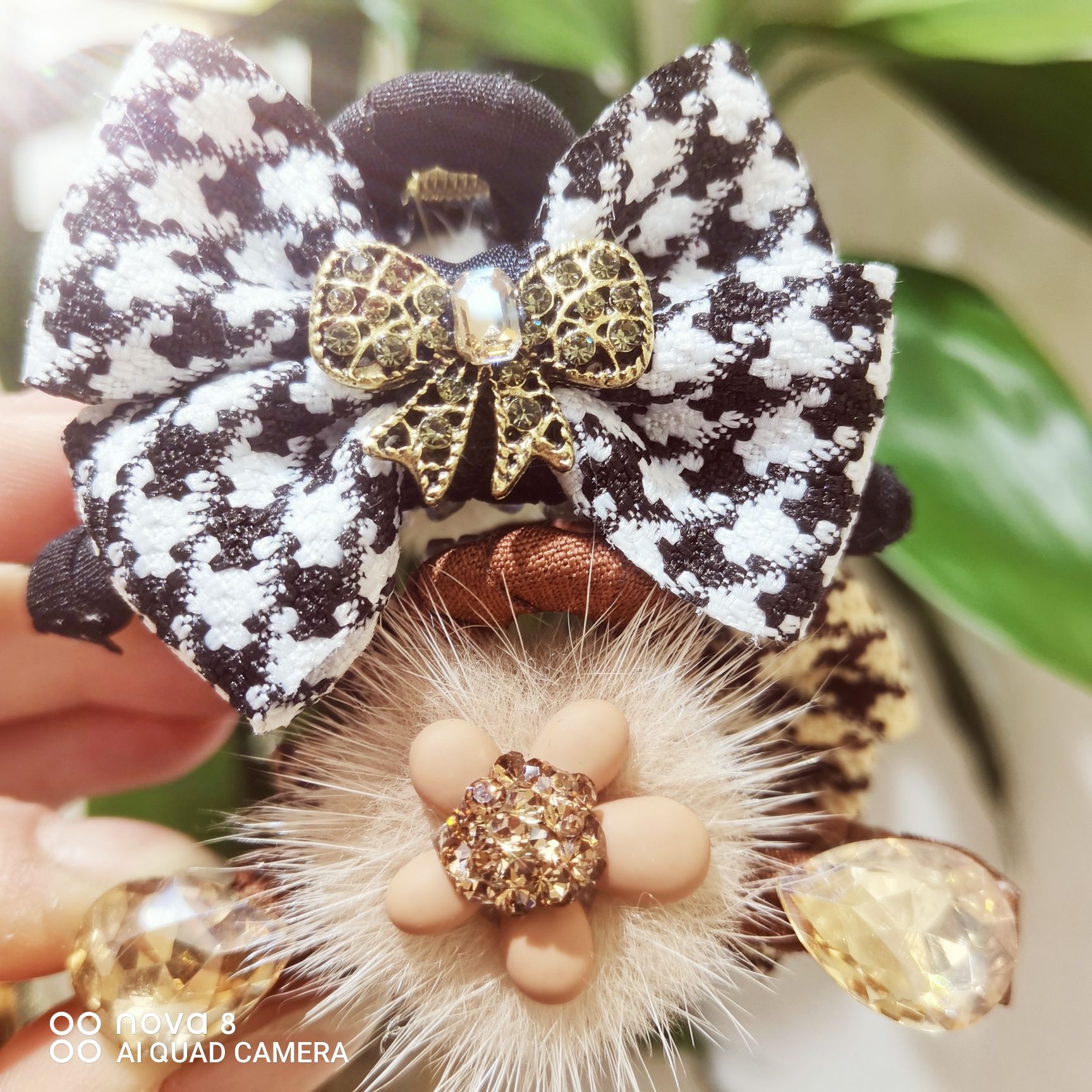 千鸟格时尚韩版小五半花水晶中爪