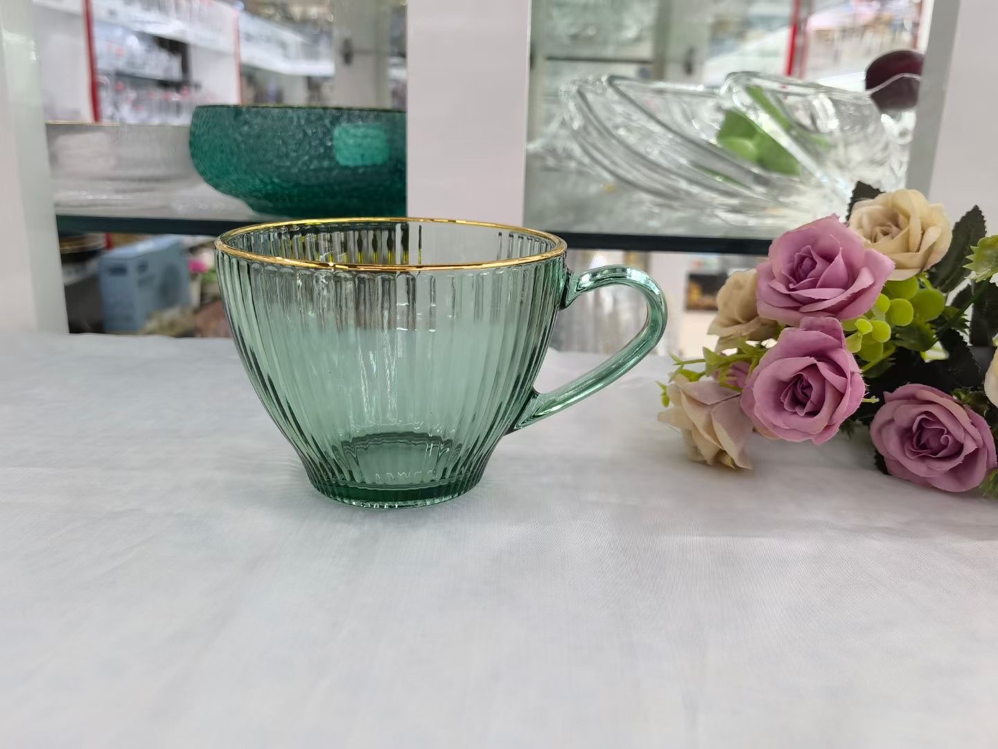 新品祖母绿描金大容量咖啡杯 波点/竖纹款可选