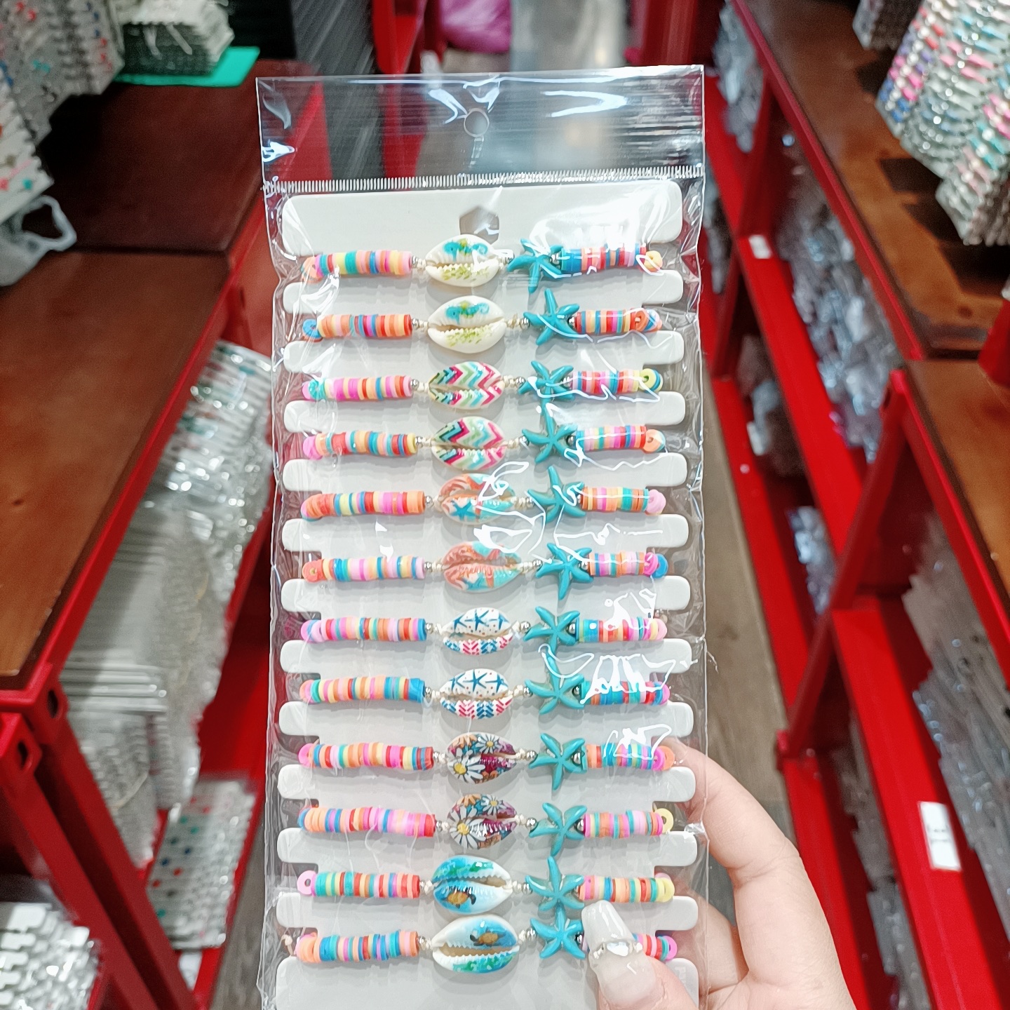 亚马逊热销印花贝壳七彩软陶蓝色海星手链