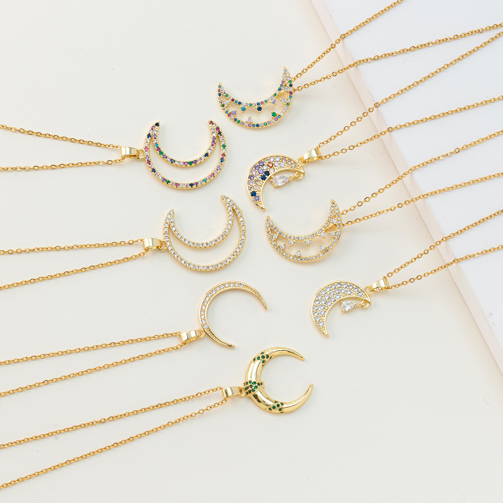 Cross-Border New Popular Crescent Zircon Necklace Copper Micro Inset Pendant Simple Stainless Steel Collarbone Chain Factory Direct Sales full figure