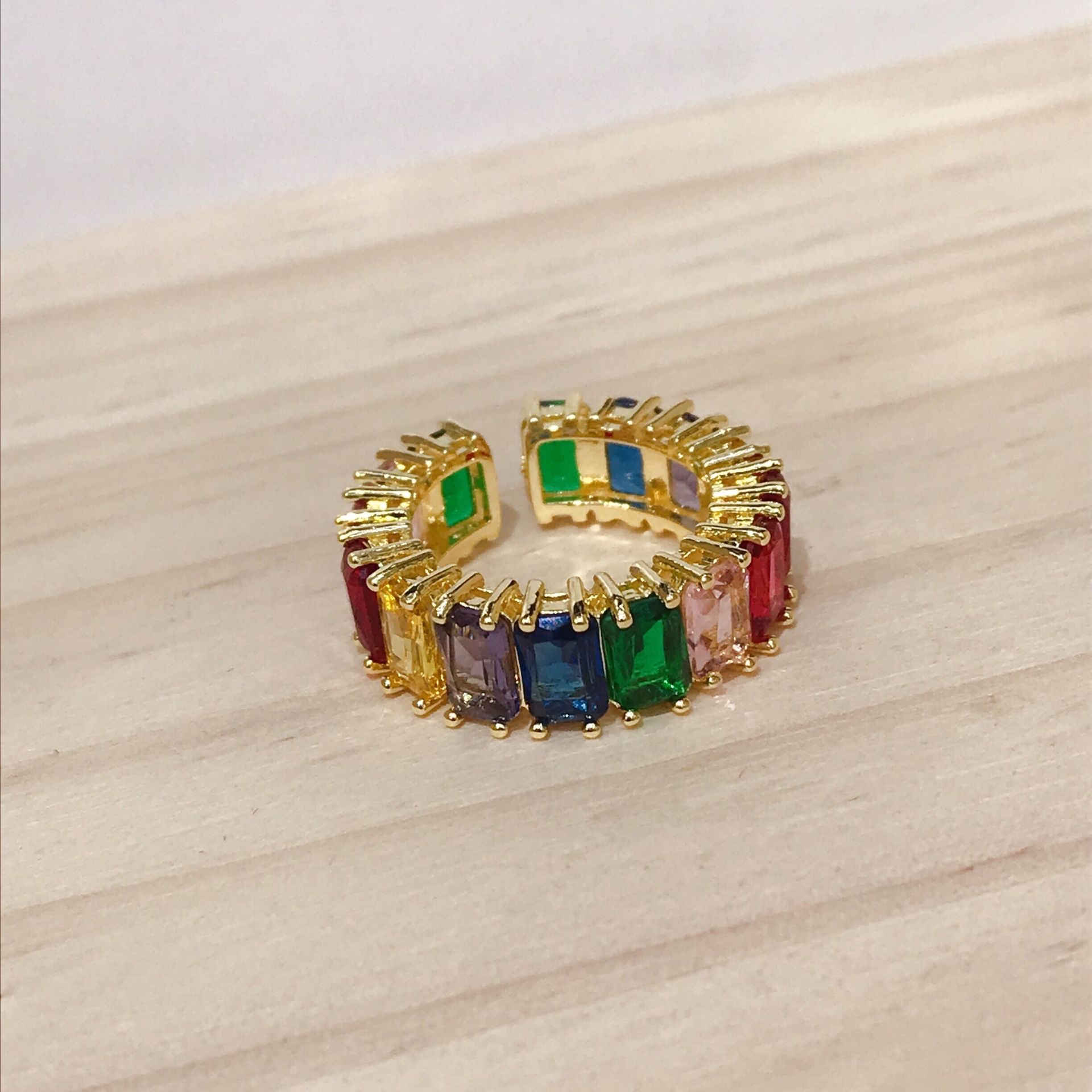 The popular "cold style" geometric colored crystal rainbow rectangular opening ring, loose-fitting ring, Japanese and Korean forest style Specification image
