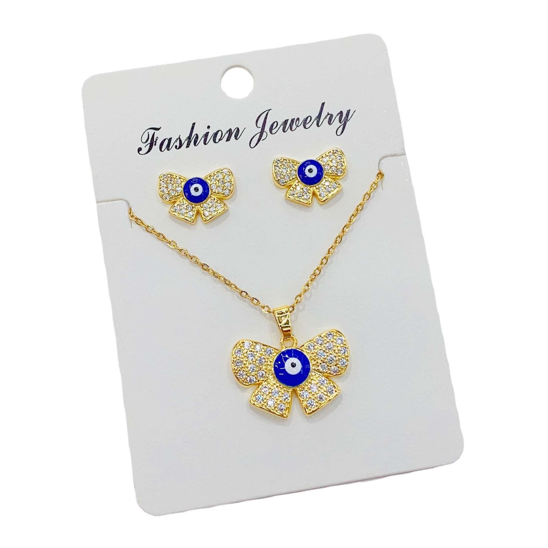 European and American cross-border InS-style Devil's Eye stud necklace set pendant, copper 18K butterfly knot eye necklace earrings Item Picture