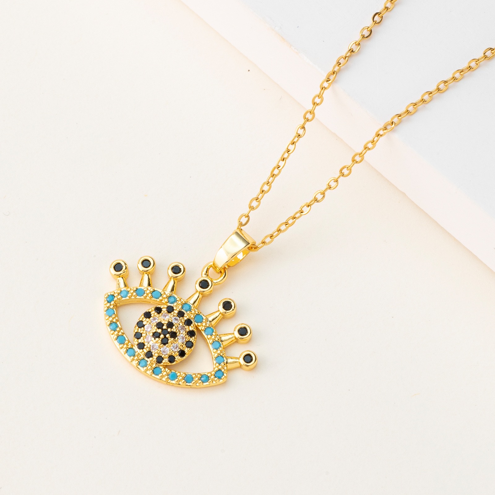 European and American cross-border evil eye necklace, zircon pendant, stainless steel necklace, oil-drip, brass plated with fashionable gold collarbone chain details Picture