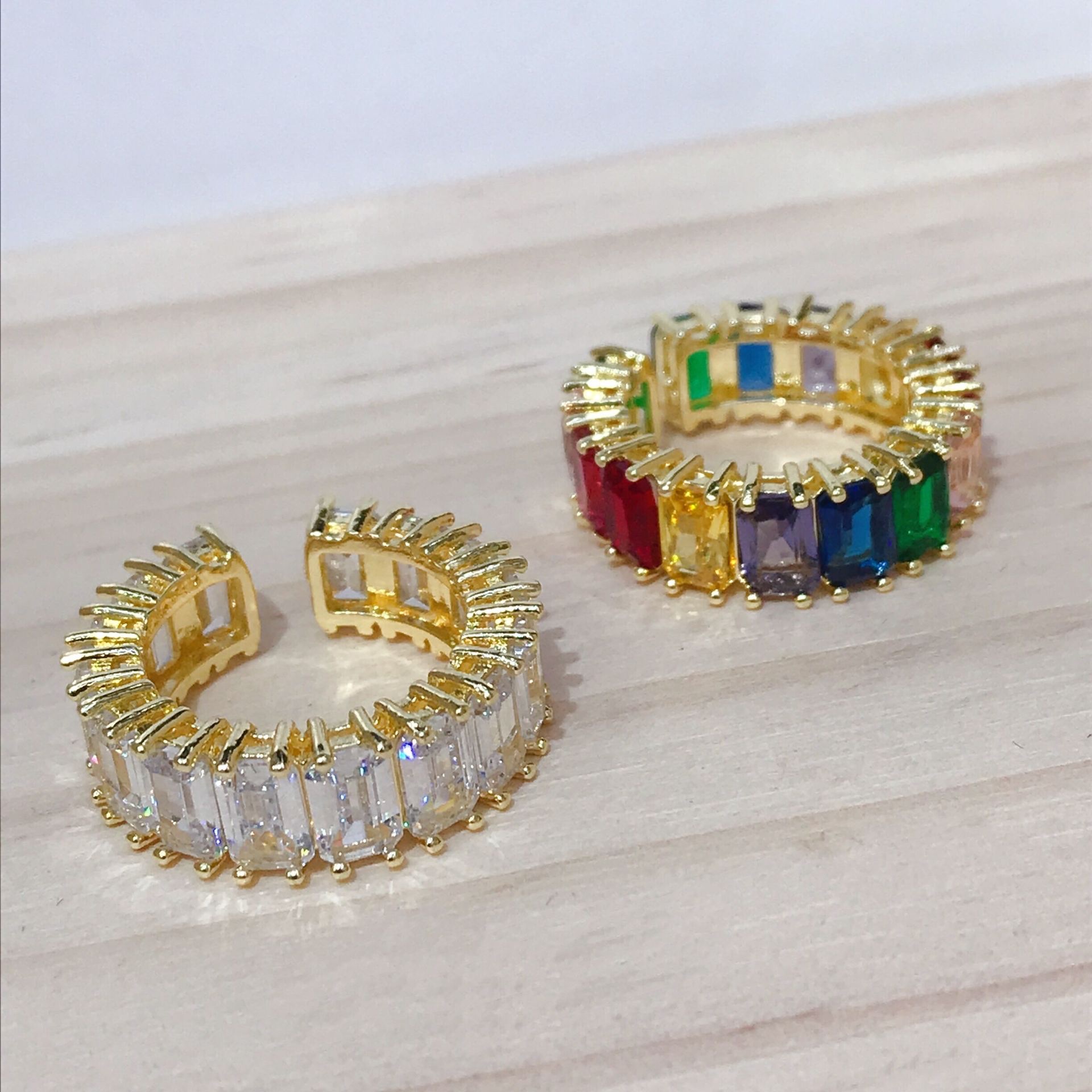 The popular "cold style" geometric colored crystal rainbow rectangular opening ring, loose-fitting ring, Japanese and Korean forest style details Picture