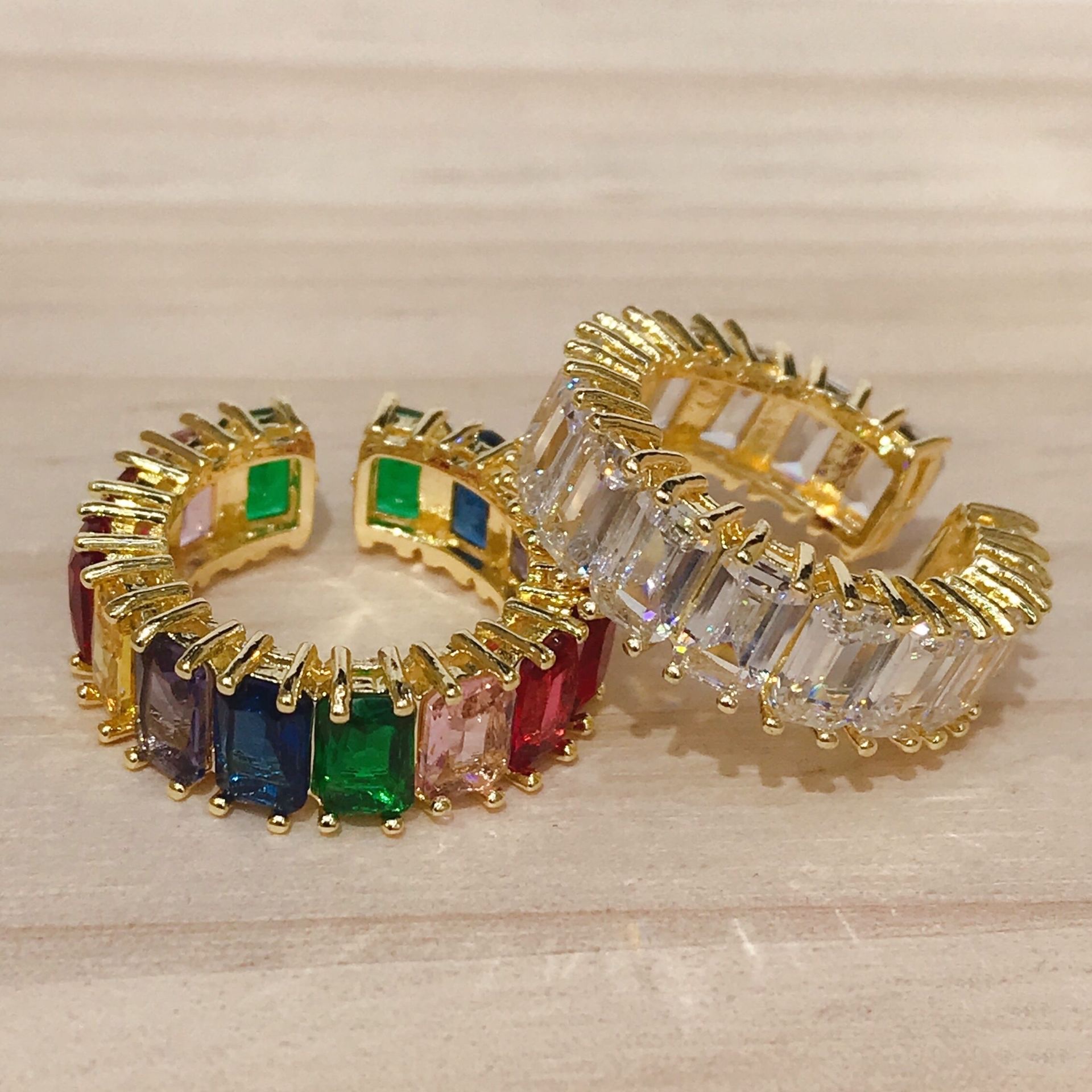 Net Red Explosive Cold Wind Geometric Color Crystal Rainbow Rectangular Open Ring Ring Open Ring Japanese And Korean Sen full figure