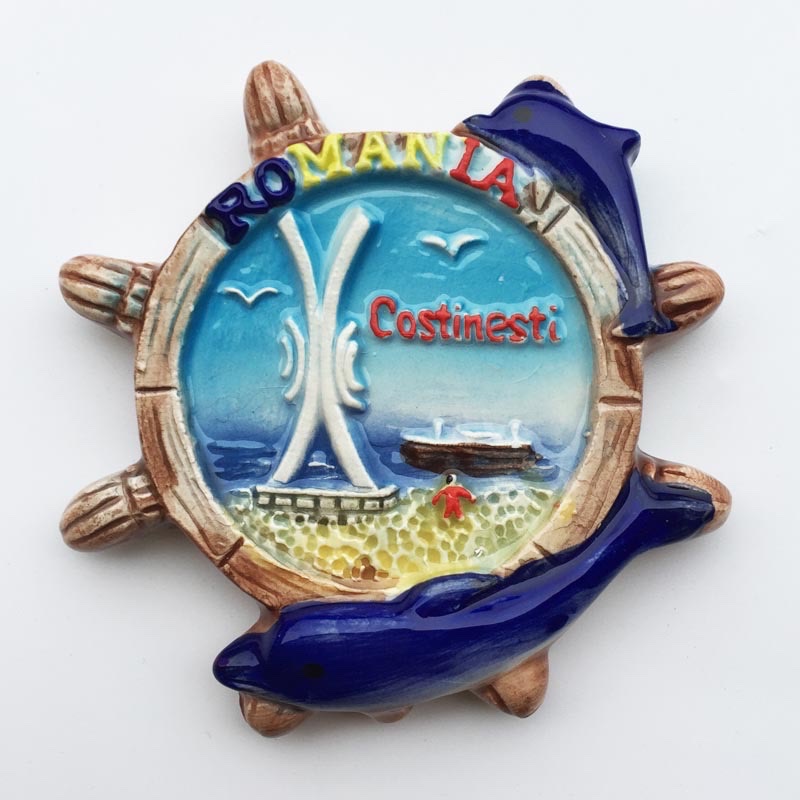 罗马尼亚创意海洋风船舵海豚旅游纪念装饰工艺品树脂冰箱贴