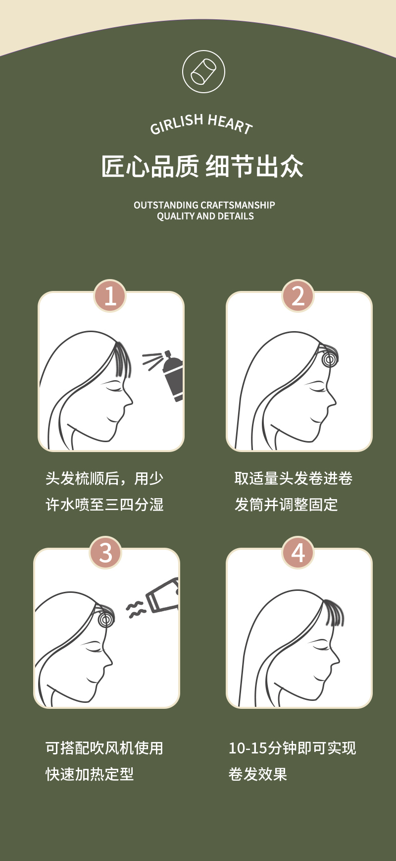 Four self-adhesive, spliced and fixed hair curlers for lazy people with side-swept bangs, air plastic curls, female student detail image 6