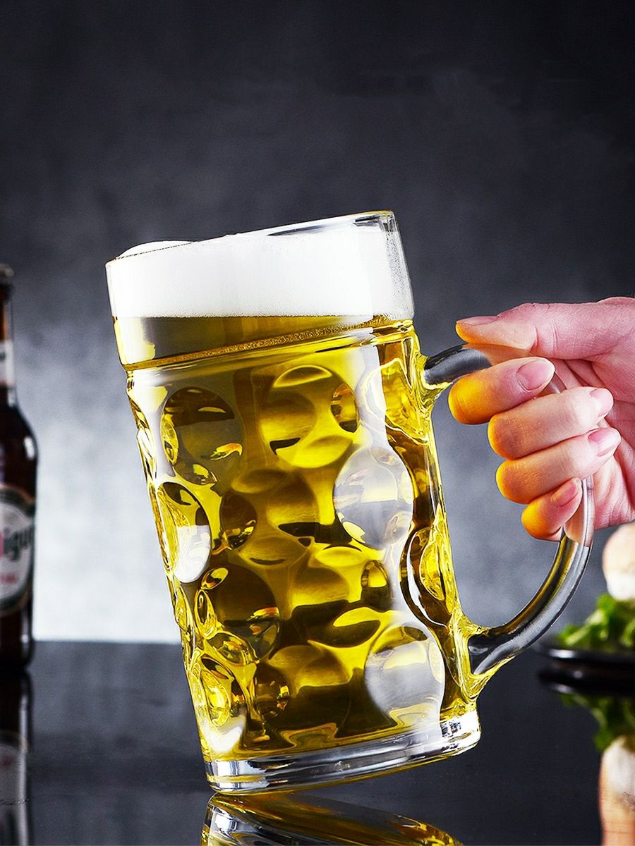 家用啤酒杯带把创意网红玻璃水杯子酒吧超大容量扎啤杯