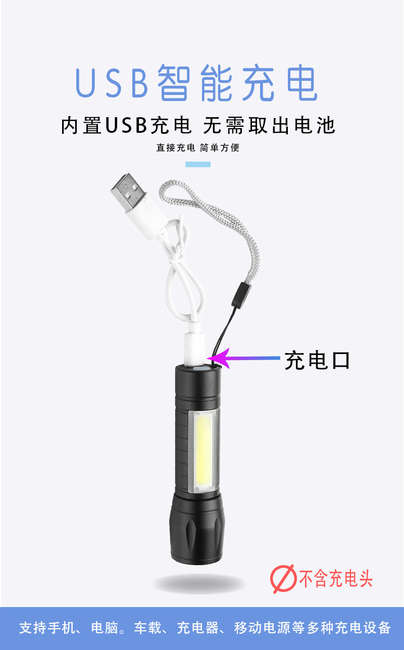 强光充电手电筒COB+XPE两用USB 跨境批发小手电伸缩调焦工作灯 详情图11