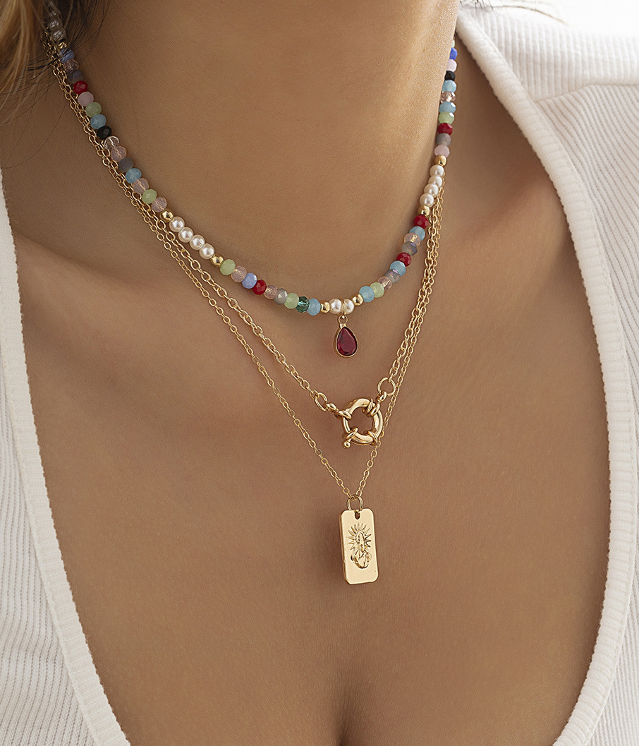 Retro colored water drop pendant collarbone chain, niche imitation crystal chain design necklace from the US cross-border jewelry
