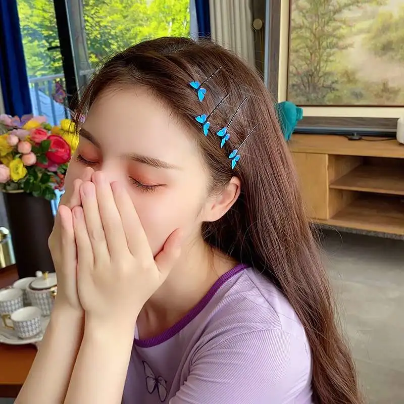 蓝色小蝴蝶发夹一字夹ins仙女森系超仙甜美边夹刘海百搭发卡头饰
