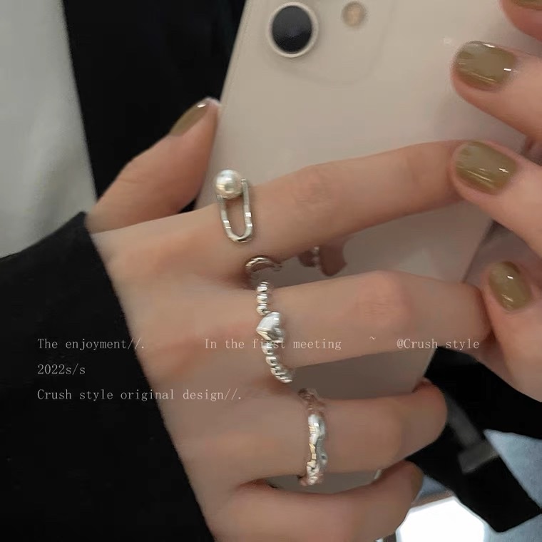 双层珍珠爱心不规则戒指女ins小众设计感高级指环时尚个性食指戒