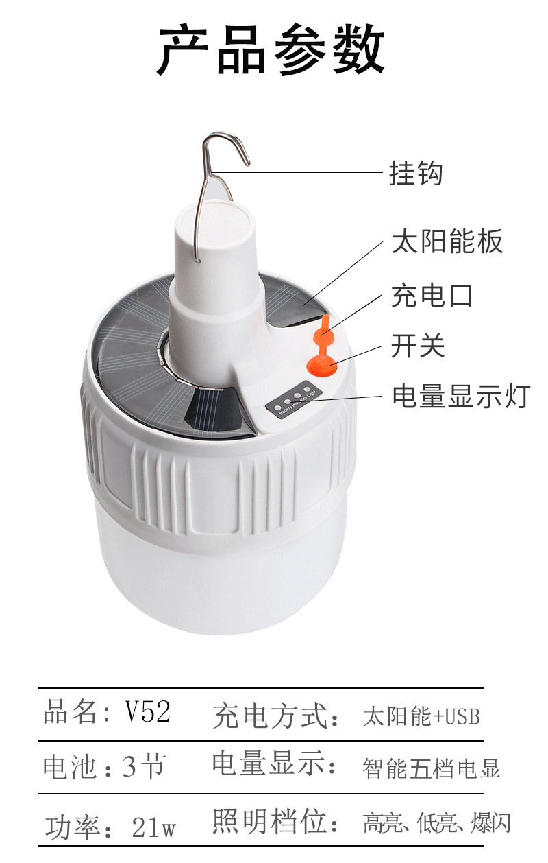跨境太阳能充电led灯泡球泡灯家用移动夜市地摊摆露营遥控灯照明 详情图4