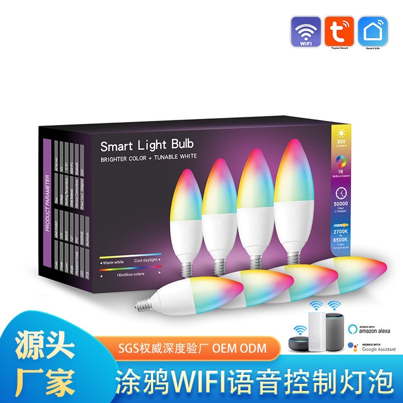 Cross-border exclusive 5W WiFi smart candle lamp, graffiti alexa voice control LED bulb E14 pointed bubble lamp